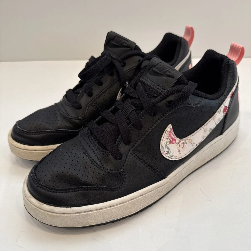 Nike Court Borough Black White Floral Leather Sneakers 7Y Youth Lace Up Tie Shoe